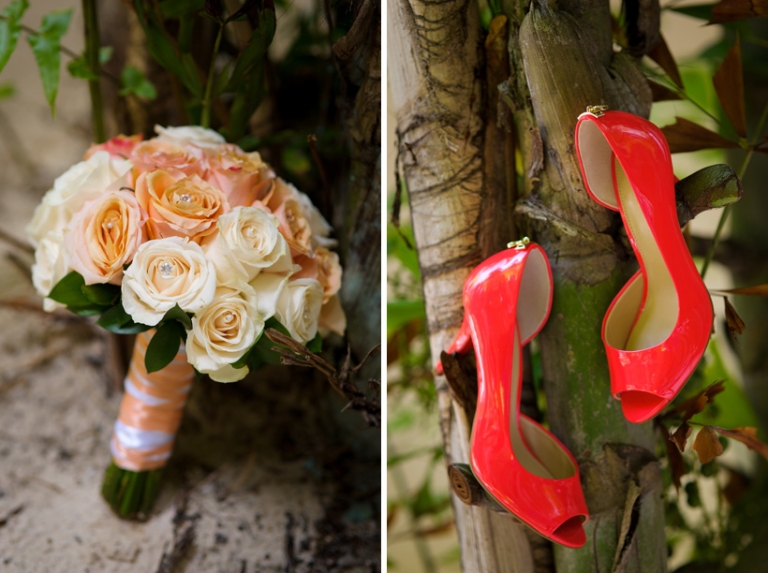 bride's shoes and bouquet