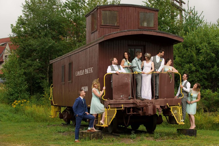 Bridal party on train caboose
